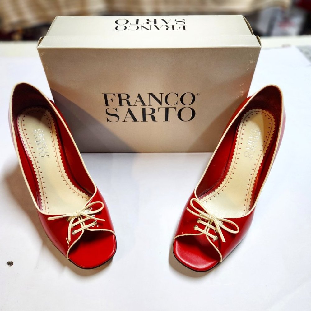 FRANCO SARTO Red/Creme Patent Leather/Open Toe/4 inch Block Heel/Laced Front
